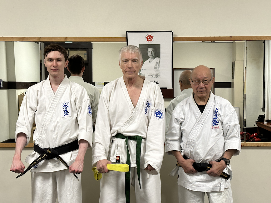 A self-portrait with Thomas Tanaka, my karate mentor, and Jack Willard, our karate senpai.  Taken by Henry, our newest and most junior member, in the karate and taiko gym at the Japanese Cultural and Community Center in November 2023