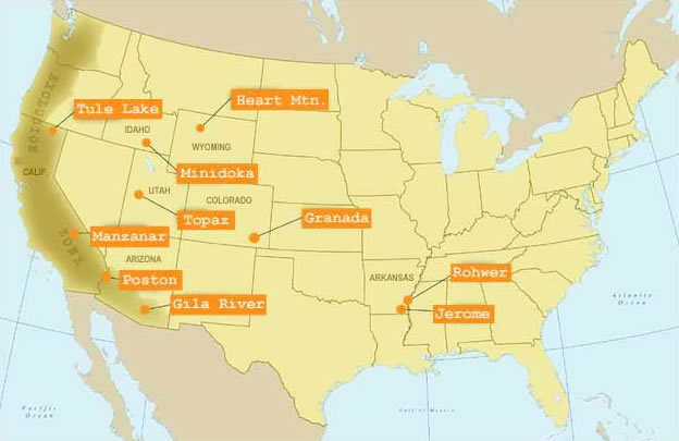A map showing the location of US Japanese internment camps during World War II.